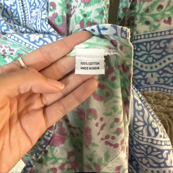SZ BLOCKPRINTS green / pink floral 3/4 sleeves cotton tunic top M - Picture 7 of 10